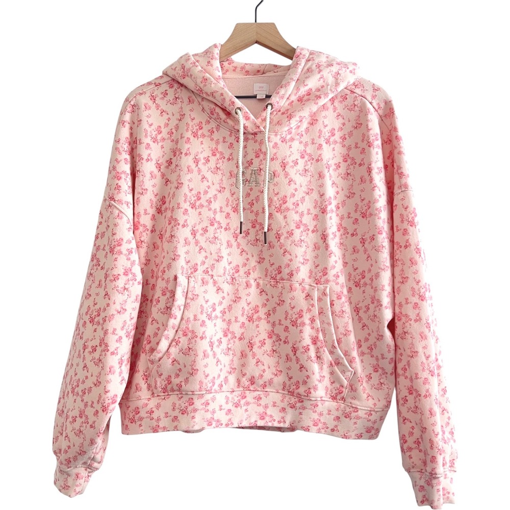 Gap x LoveShackFancy Floral Cropped Hoodie Pink Fleece Lined Size L Girly Preppy